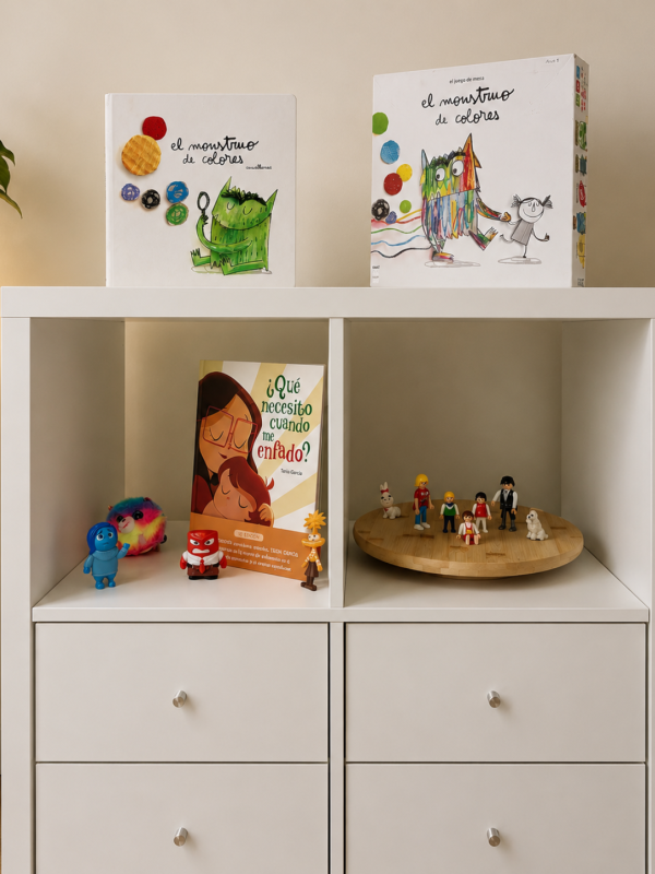 Mueble de la consulta con el cuento y el juego de El monstruo de colores, figuras de las emociones y figuras de una familia sobre una base giratoria, material de terapia familiar